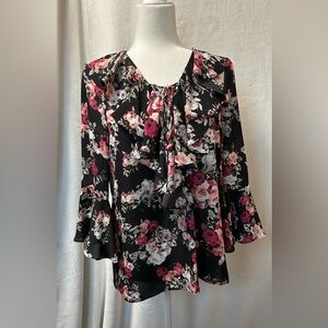 Floral Ruffle Blouse - Black and Pink